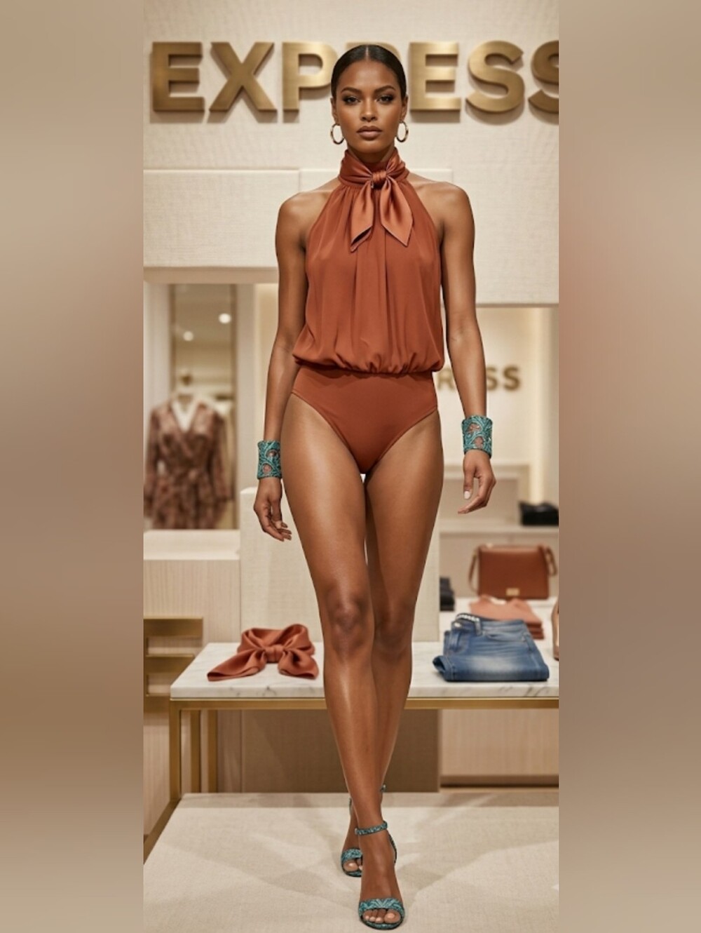 NWT Express Terracotta High-Neck Halter Bodysuit